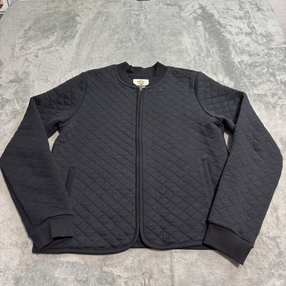 Marine Layer Womens Black Quilted Bomber Jacket Full Zip Kilroy Logo Small